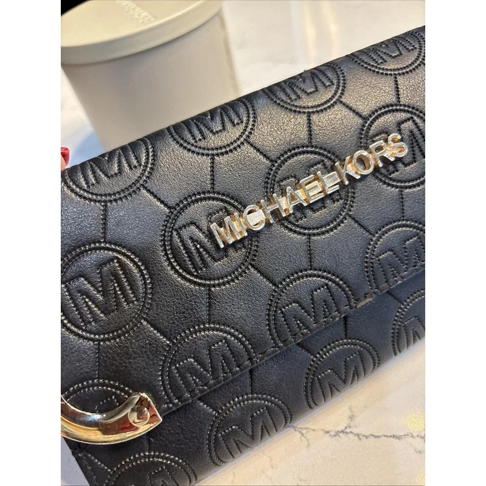 Michael Kors Black Monogram Embossed Flap Continental Wallet Gold